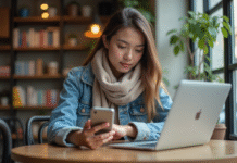 Meilleure application de traducteur : comparatif et avis en 2025 Jeune femme au café utilisant son smartphone