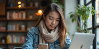 Meilleure application de traducteur : comparatif et avis en 2025 Jeune femme au café utilisant son smartphone