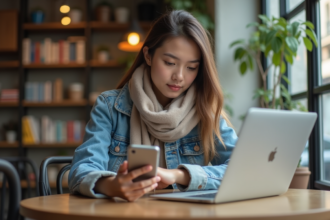 Jeune femme au café utilisant son smartphone