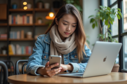 Jeune femme au café utilisant son smartphone