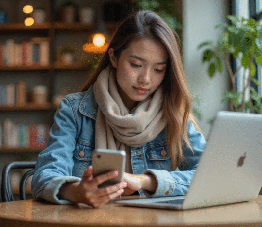 Meilleure application de traducteur : comparatif et avis en 2025 Jeune femme au café utilisant son smartphone