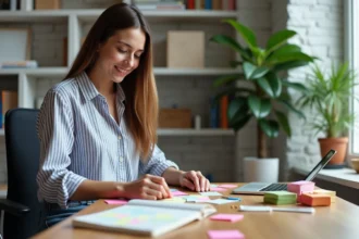 Jeune femme organise des notes colorées sur un bureau