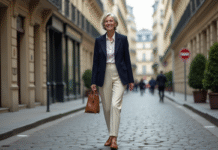 Mode 60 ans 2025 : conseils pour s’habiller avec style Femme élégante de 60 ans marchant dans Paris