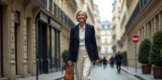 Femme élégante de 60 ans marchant dans Paris