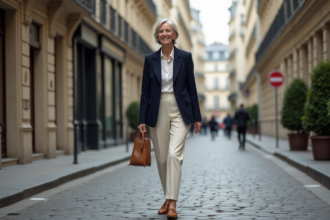 Femme élégante de 60 ans marchant dans Paris