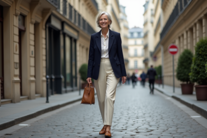 Femme élégante de 60 ans marchant dans Paris