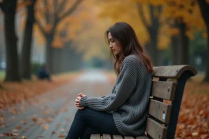 Femme pensive assise seule sur un banc en automne, illustrant la souffrance d'un lien karmique toxique