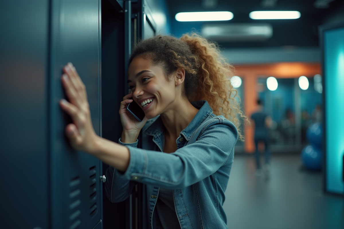Femme souriante dans un vestiaire de salle de sport