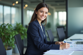 Femme professionnelle souriante dans un bureau moderne