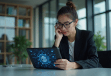 Femme professionnelle examinant une tablette blockchain dans un bureau moderne