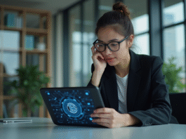 Femme professionnelle examinant une tablette blockchain dans un bureau moderne