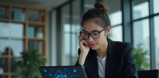 Blockchain privée : tout savoir sur cette technologie révolutionnaire Femme professionnelle examinant une tablette blockchain dans un bureau moderne