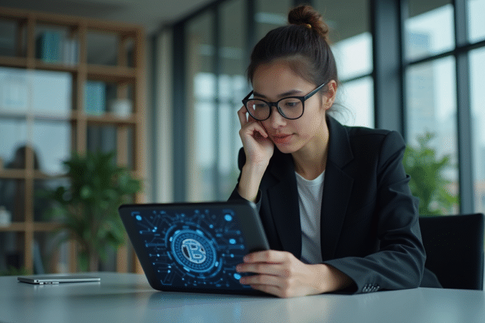 femme-professionnelle-tablette-blockchain Femme professionnelle examinant une tablette blockchain dans un bureau moderne