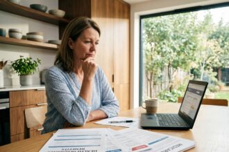 Femme à la blouse bleue étudie documents santé dans cuisine