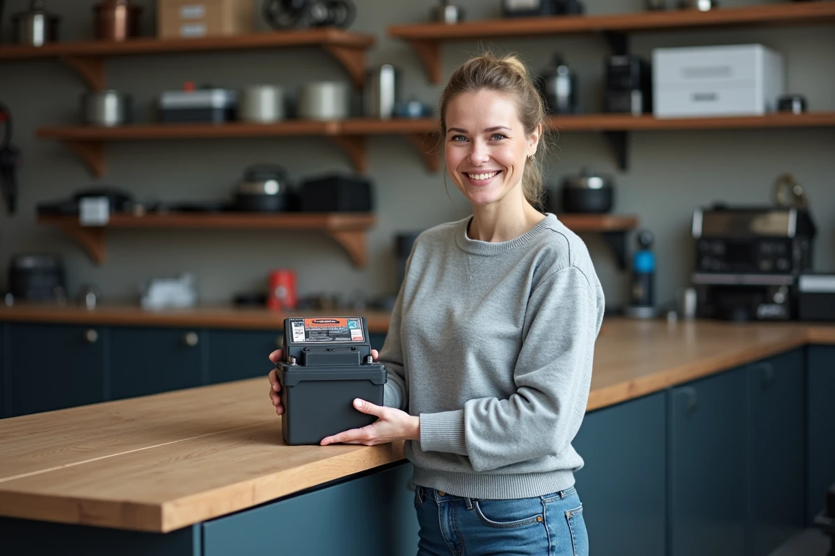Femme tenant une nouvelle batterie auto dans un atelier
