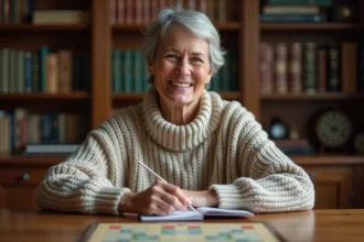 Femme d'âge moyen souriante avec des tuiles Scrabble