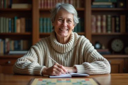 Femme d'âge moyen souriante avec des tuiles Scrabble