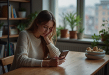 Jeune femme assise à une table avec smartphone dans un appartement