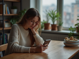 Jeune femme assise à une table avec smartphone dans un appartement
