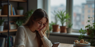 Vie privée menacée par les réseaux sociaux : comment agir ? Jeune femme assise à une table avec smartphone dans un appartement