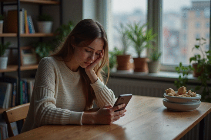 Jeune femme assise à une table avec smartphone dans un appartement