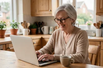 Femme senior souriante utilisant un ordinateur portable pour s'inscrire sur un site de rencontre gratuit depuis chez elle