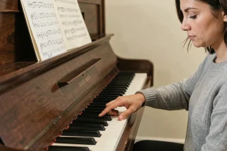 Femme appuyant sur le si bémol d'un piano droit, focus sur la touche noire et le clavier