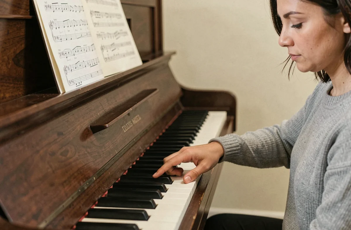 Femme appuyant sur le si bémol d'un piano droit, focus sur la touche noire et le clavier