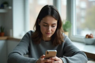 Femme seule regardant son téléphone sans réponse, illustrant le silence d'un narcissique et la confusion émotionnelle qu'il engendre