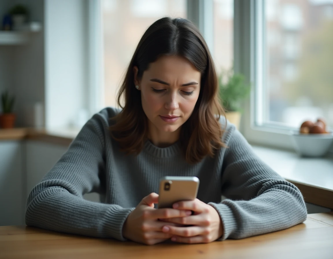 Femme seule regardant son téléphone sans réponse, illustrant le silence d'un narcissique et la confusion émotionnelle qu'il engendre