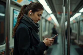Jeune femme dans le métro de Paris utilisant une app