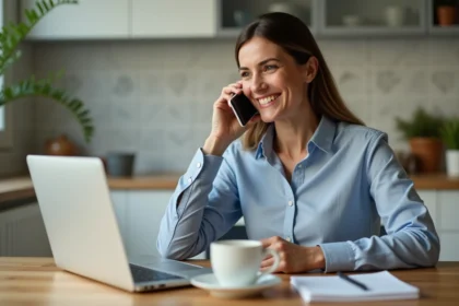 Femme d'âge moyen au téléphone dans une cuisine lumineuse