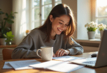 Jeune femme professionnelle travaillant au matin avec café et documents
