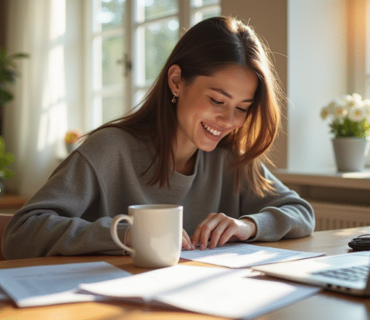 Jeune femme professionnelle travaillant au matin avec café et documents