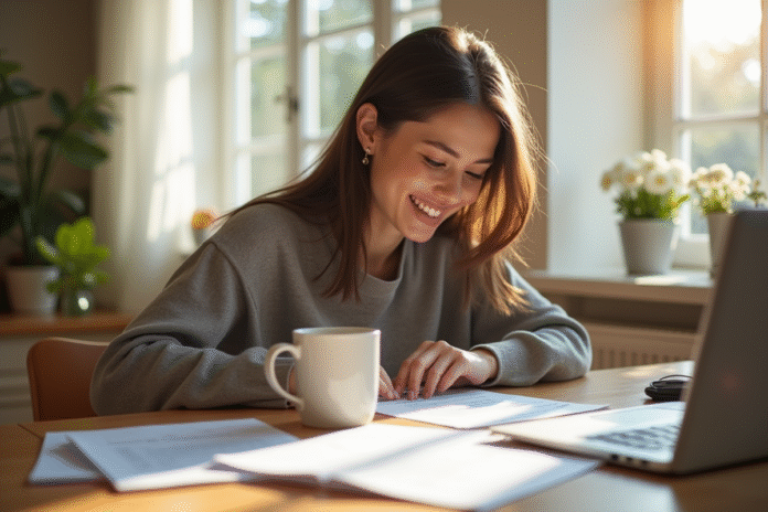 Jeune femme professionnelle travaillant au matin avec café et documents