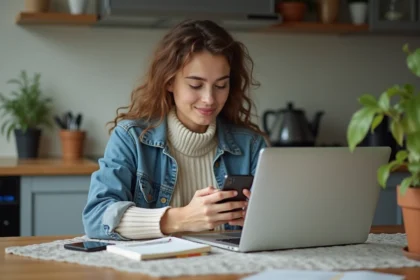 Jeune femme concentrée utilisant son ordinateur et smartphone à la maison