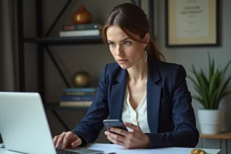 Femme sérieuse travaillant à domicile avec ordinateur et smartphone