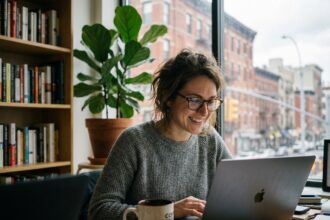 Femme souriante en visioconference dans un appartement moderne