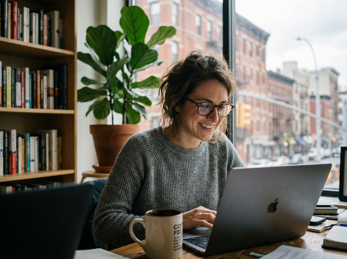 Femme souriante en visioconference dans un appartement moderne