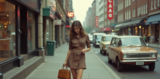 Tendances mode 1967 : retour sur la mode vintage Jeune femme en tenue vintage 1967 dans la rue