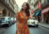 Évolution de la mode : tendances et influences à travers les âges Jeune femme en robe vintage dans une rue urbaine animée