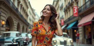 Jeune femme en robe vintage dans une rue urbaine animée