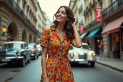Jeune femme en robe vintage dans une rue urbaine animée