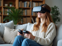 Voyage virtuel : avantages et bienfaits pour une expérience immersive Femme en VR dans un salon cosy et moderne