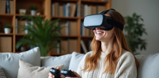 Voyage virtuel : avantages et bienfaits pour une expérience immersive Femme en VR dans un salon cosy et moderne