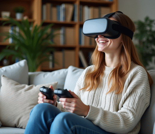Voyage virtuel : avantages et bienfaits pour une expérience immersive Femme en VR dans un salon cosy et moderne