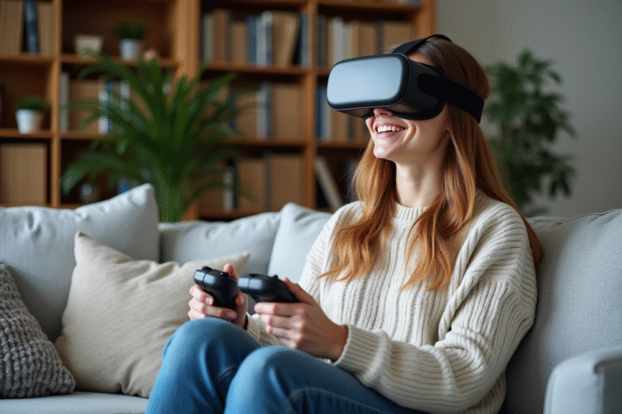 Femme en VR dans un salon cosy et moderne