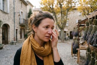 Femme en Provence se frottant les yeux irrités par le mistral en automne dans un village aux pierres anciennes