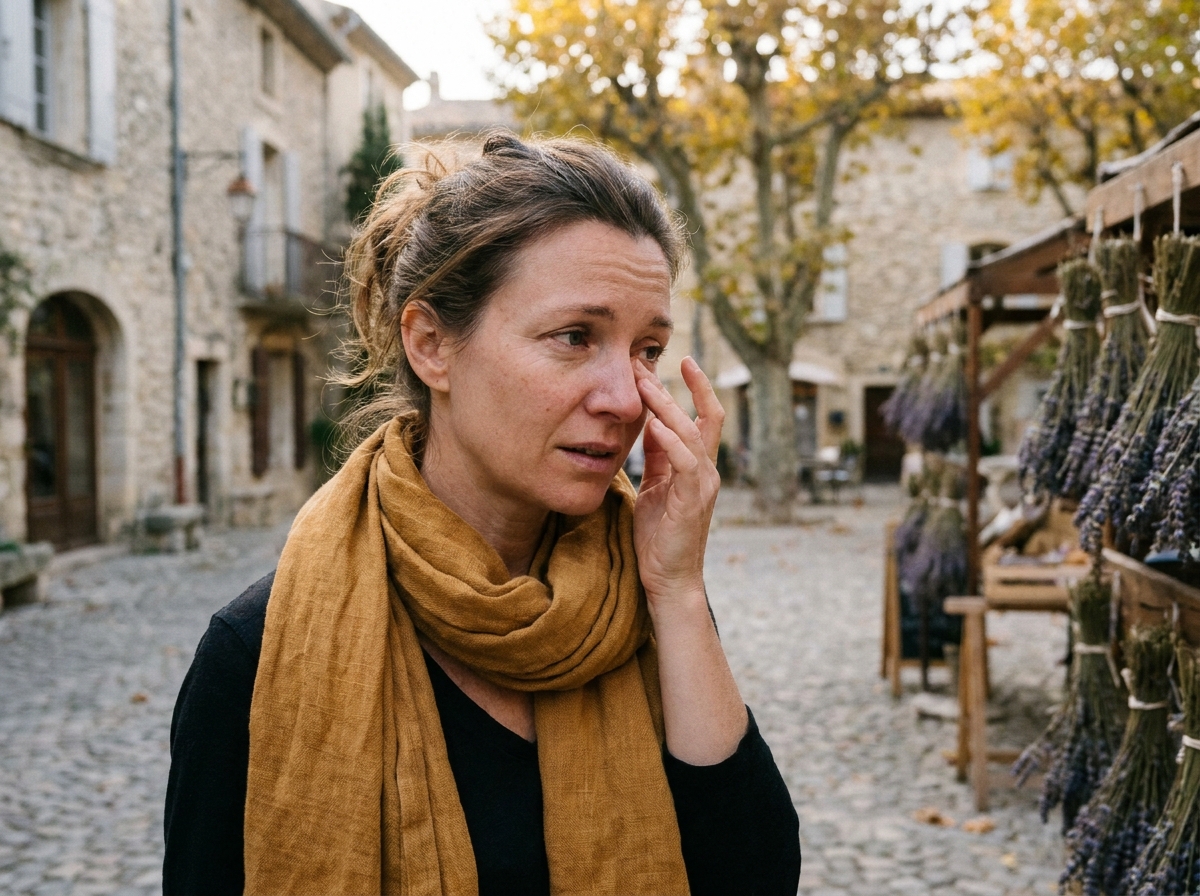 Femme en Provence se frottant les yeux irrités par le mistral en automne dans un village aux pierres anciennes