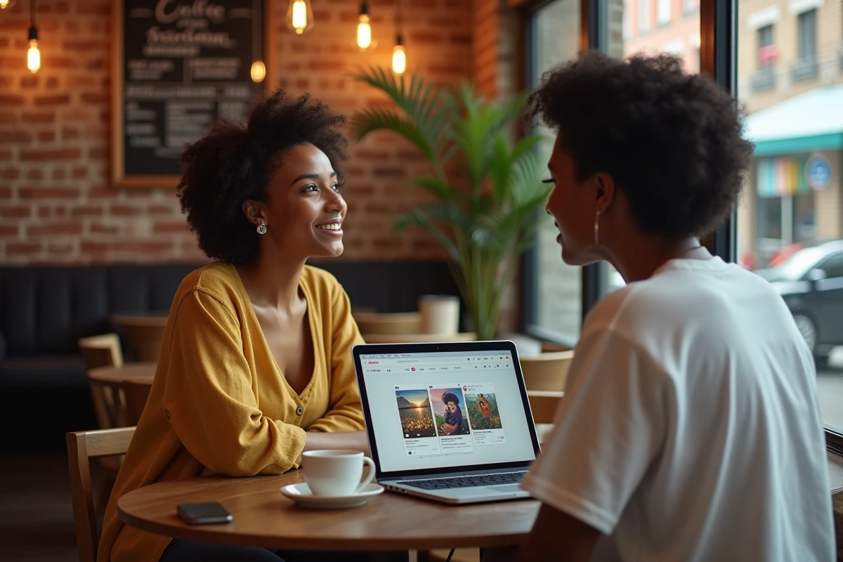 Deux femmes analysant des formats d'Instagram Stories sur un ordinateur portable dans un café branché, session de brainstorming créatif pour choisir le bon format de contenu